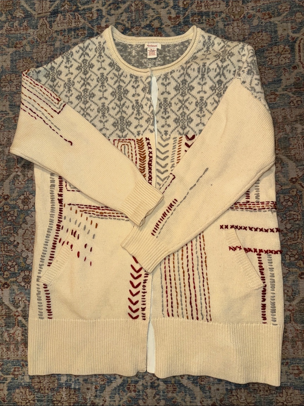 Sundance Cream Cardigan Coat with Gray Fair Isle and Rust Stitching 70% wool